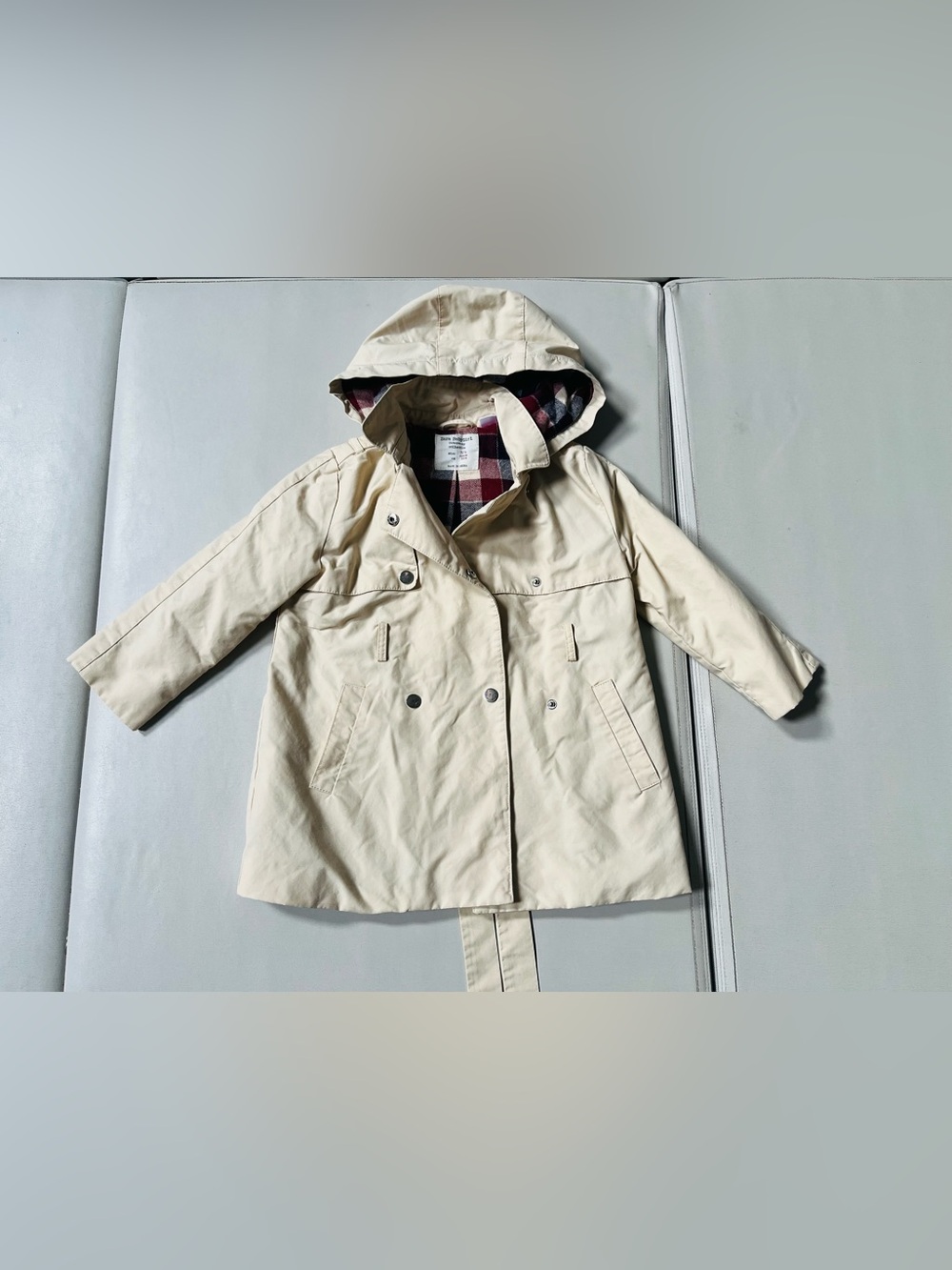 Zara Cream Hooded Kids Raincoat with Plaid Lining